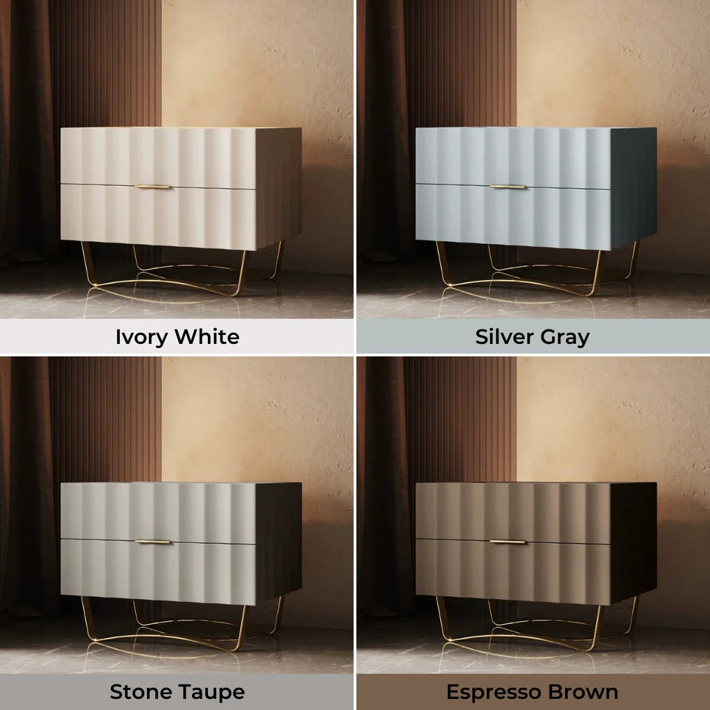 4 in 1 image of the Spacious 2 Drawer Nightstand in Ivory white, silver Grey, Stone Taupe, Espresso Brown