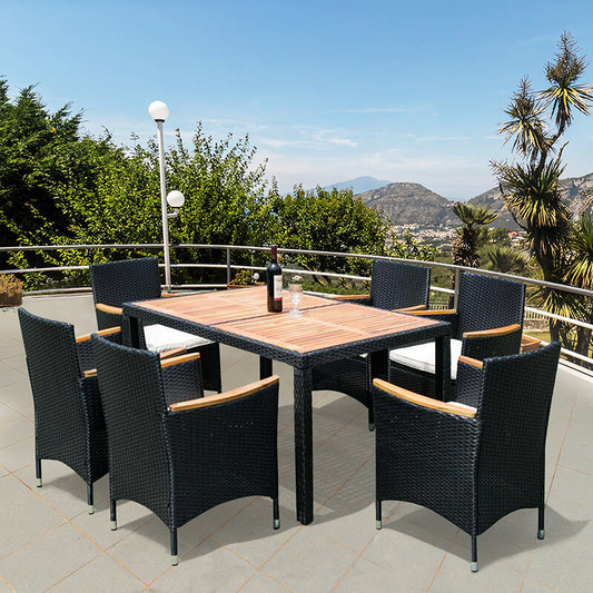 7-Piece Black Wicker Outdoor Patio Dining Set with Acacia Wood Top