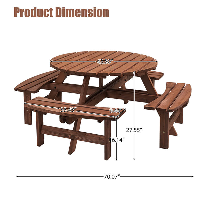 A dimension Image of the 70" Brown Wood 8-Person Outdoor Circular Camping Table with Umbrella Hold Design and 4 Built-in Benches