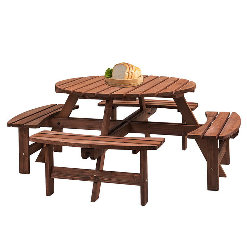 70" Brown Wood 8-Person Outdoor Circular Camping Table with Umbrella Hold Design and 4 Built-in Benches