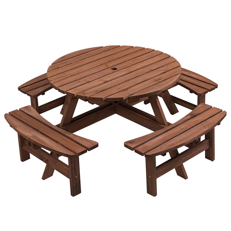 70" Brown Wood 8-Person Outdoor Circular Camping Table with Umbrella Hold Design and 4 Built-in Benches