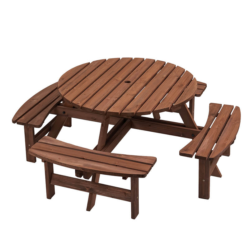 70" Brown Wood 8-Person Outdoor Circular Camping Table with Umbrella Hold Design and 4 Built-in Benches