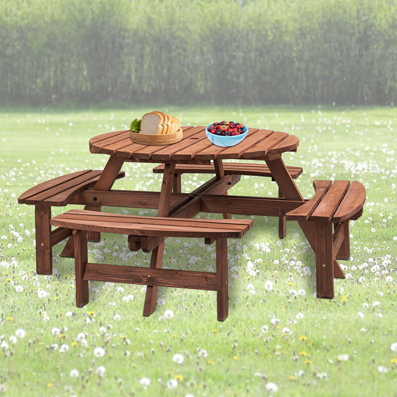 70" Brown Wood 8-Person Outdoor Circular Camping Table with Umbrella Hold Design and 4 Built-in Benches