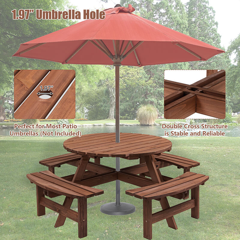 70" Brown Wood 8-Person Outdoor Circular Camping Table with Umbrella Hold Design and 4 Built-in Benches