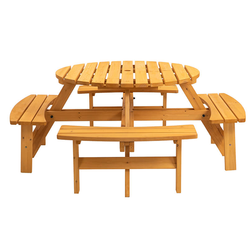 70" Natural Wood 8-Person Outdoor Circular Camping Table with Umbrella Hold Design and 4 Built-in Benches