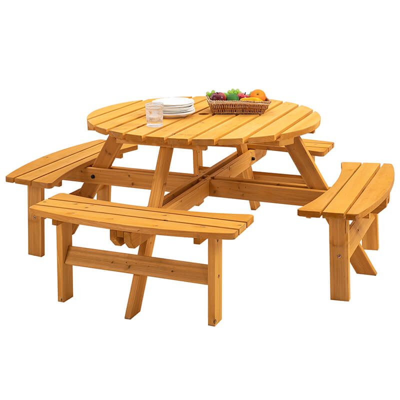 70" Natural Wood 8-Person Outdoor Circular Camping Table with Umbrella Hold Design and 4 Built-in Benches