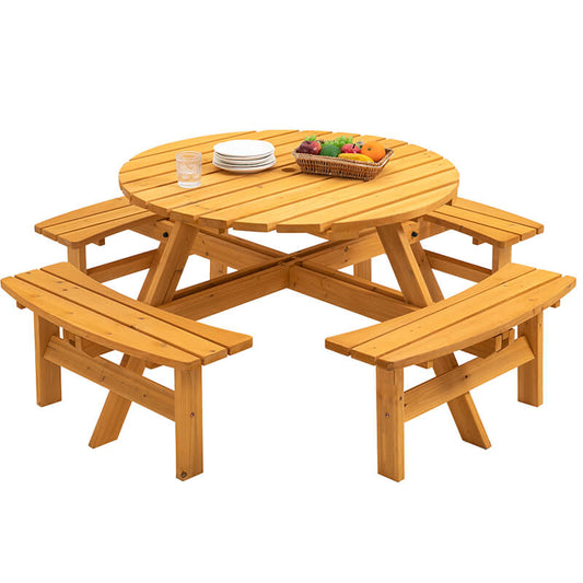 70" Natural Wood 8-Person Outdoor Circular Camping Table with Umbrella Hold Design and 4 Built-in Benches