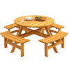 70" Natural Wood 8-Person Outdoor Circular Camping Table with Umbrella Hold Design and 4 Built-in Benches