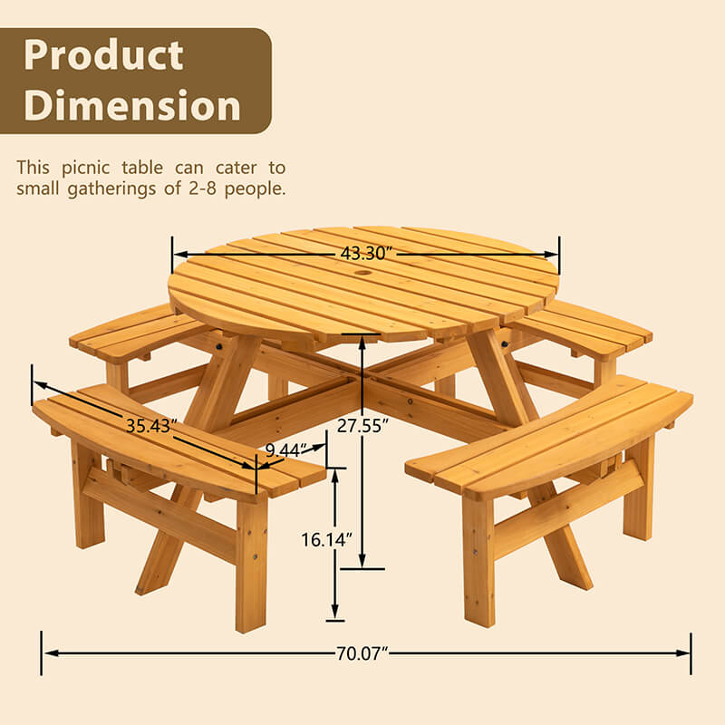 A dimension Image of the 70" Natural Wood 8-Person Outdoor Circular Camping Table with Umbrella Hold Design and 4 Built-in Benches