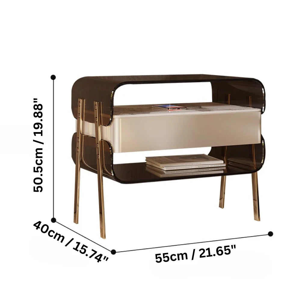 dimensions of a modern nightstand featuring an acrylic body, a glossy pine wood drawer, open shelves, and metal legs