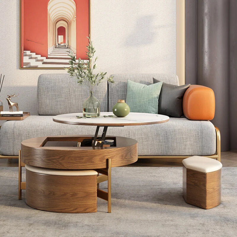 Wooden round coffee table complementing a modern living room setting