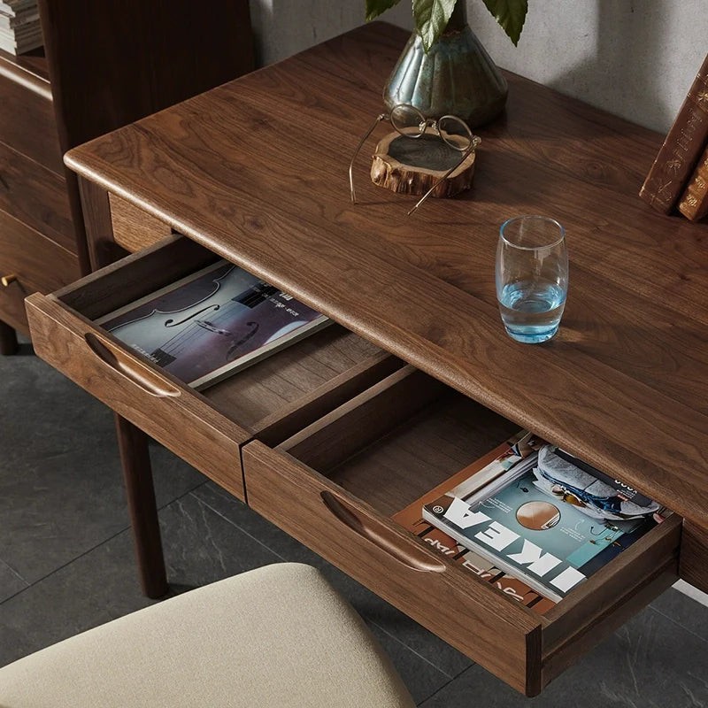 close-up view of a retro wood desk with drawers 