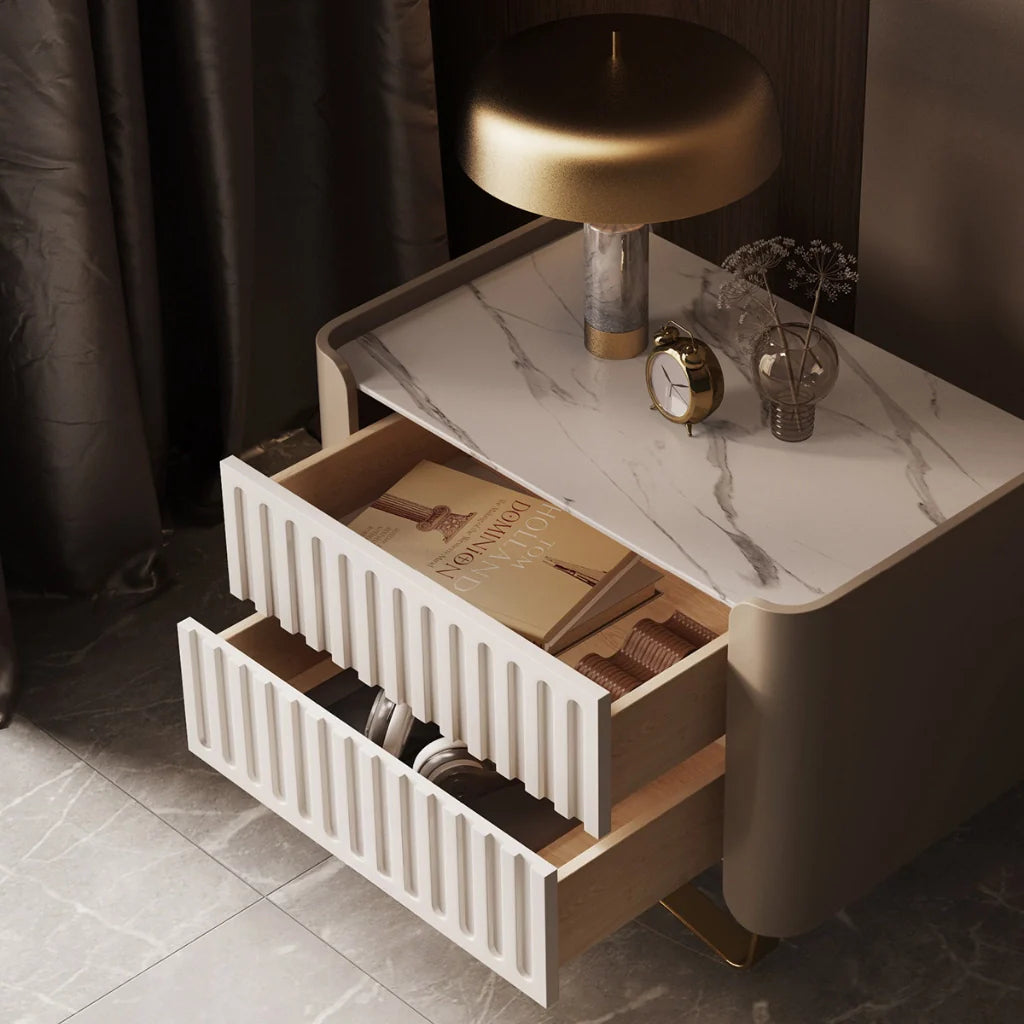 an eye-catching modern nightstand with 2 drawers, sintered stone top, and a motion-sensing LED light for a futuristic feel.