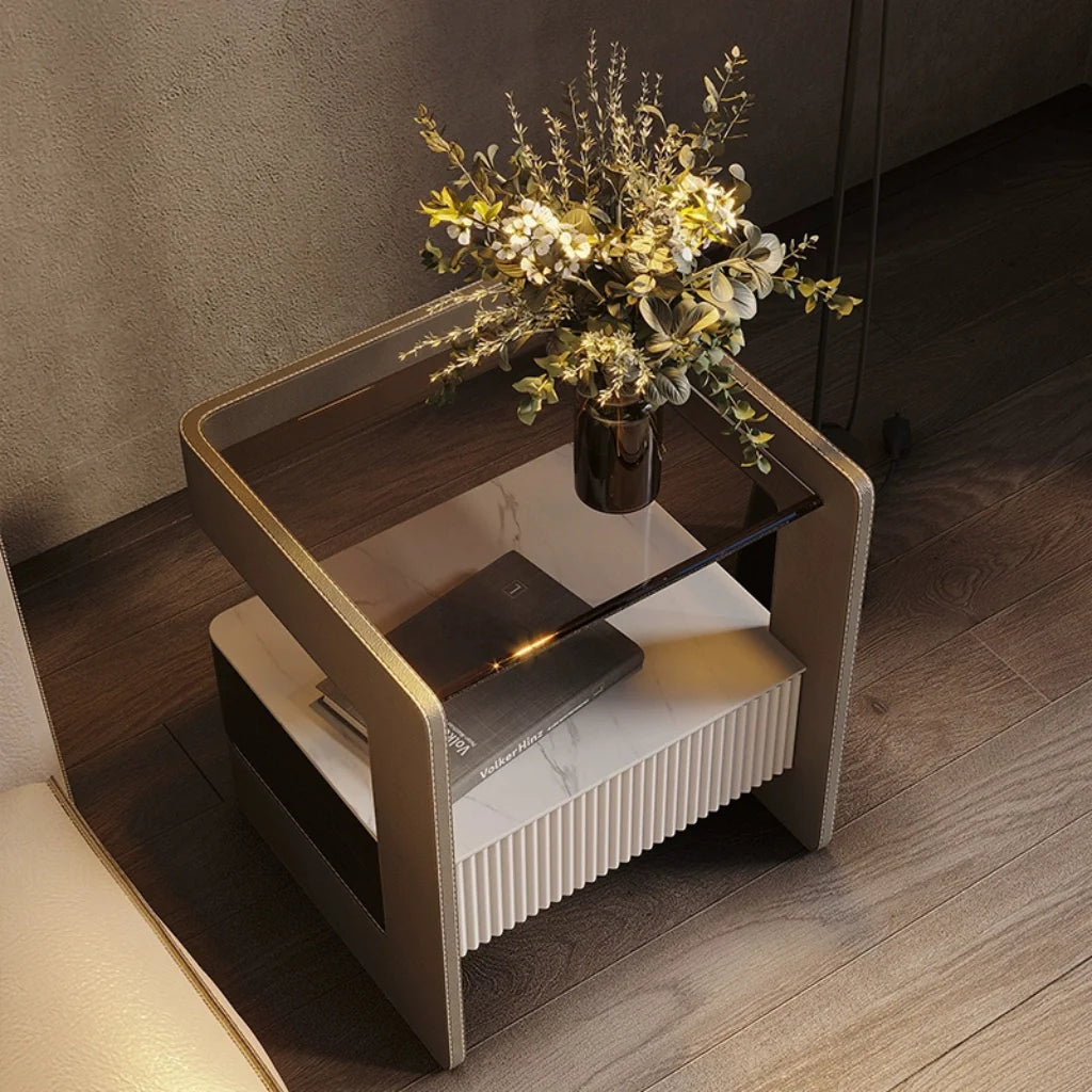 A stylish modern wood nightstand image. Showcase it's perfect for small spaces and modern homes.