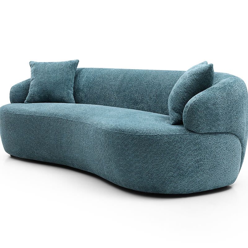 86" Light Blue Mid-century 3-seat Curved Boucle Fabric Upholstered Swivel Sofa with 2 Throw Pillows