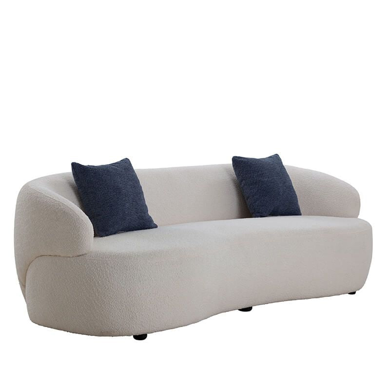 86 Mid-century Beige 3-seat Curved Boucle Fabric Upholstered Swivel Sofa with 2 Throw Pillows