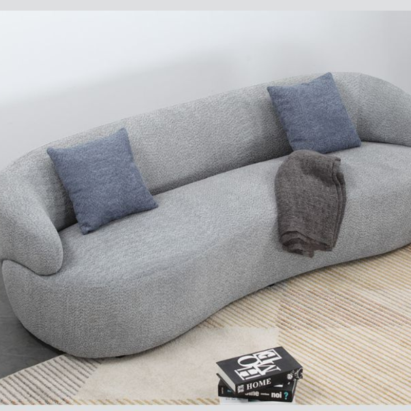 86" Mid-century Grey 3-seat Curved Boucle Fabric Upholstered Swivel Sofa with 2 Throw Pillows