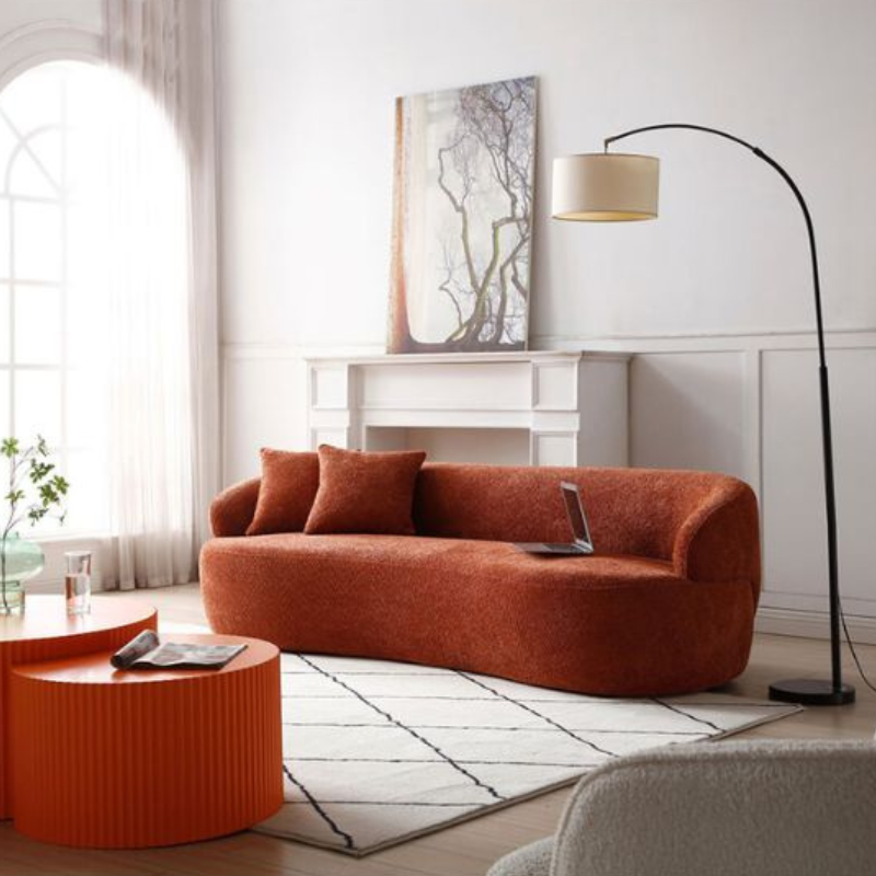 86 Mid-century Orange 3-seat Curved Boucle Fabric Upholstered Sofa 