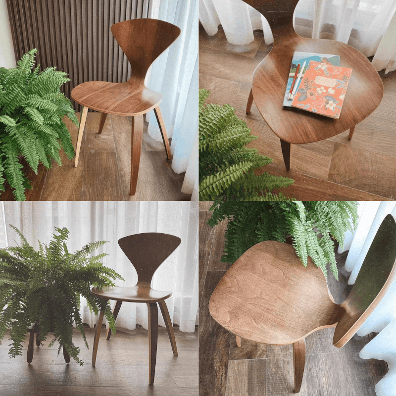 Wood dining chair in a 4 in 1 photo highlighting different views