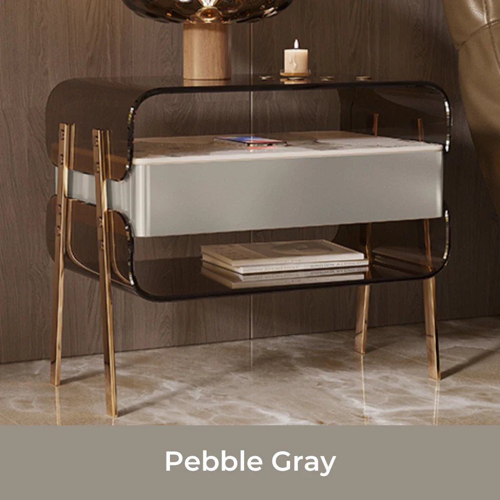 a modern acrylic nightstand in pebble gray 