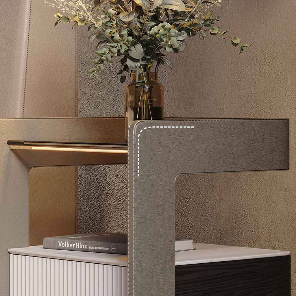 A modern minimalist nightstand image. Showcase its tempered glass top, and a sintered stone & wood frame