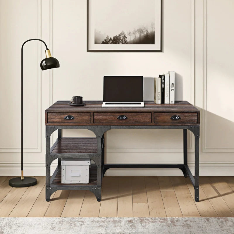 a wood computer desk with three drawers and two shelves