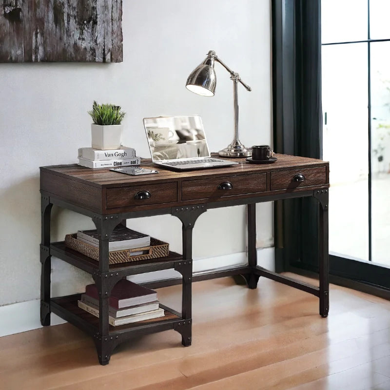 an antique solid wood computer desk with drawers and shelves set in a living area