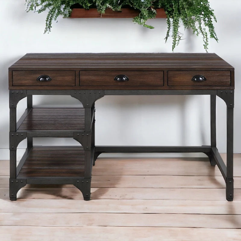 a wood antique desk with drawers and shelves in an espresso finish