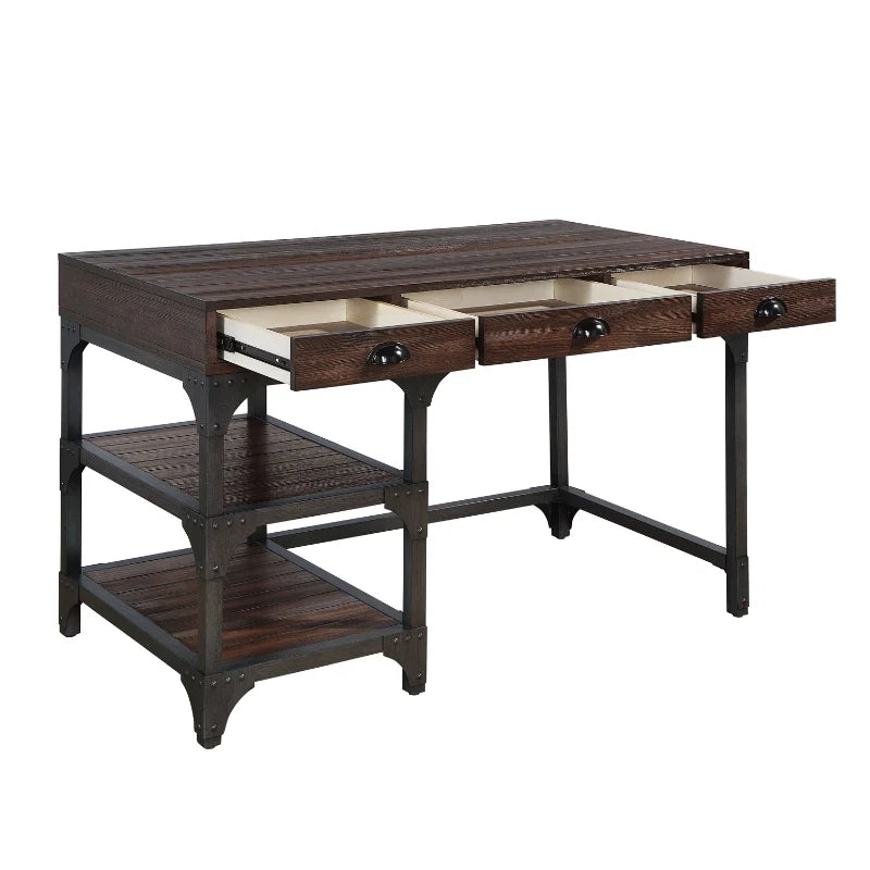 a wood computer desk with drawers and shelves in a white background