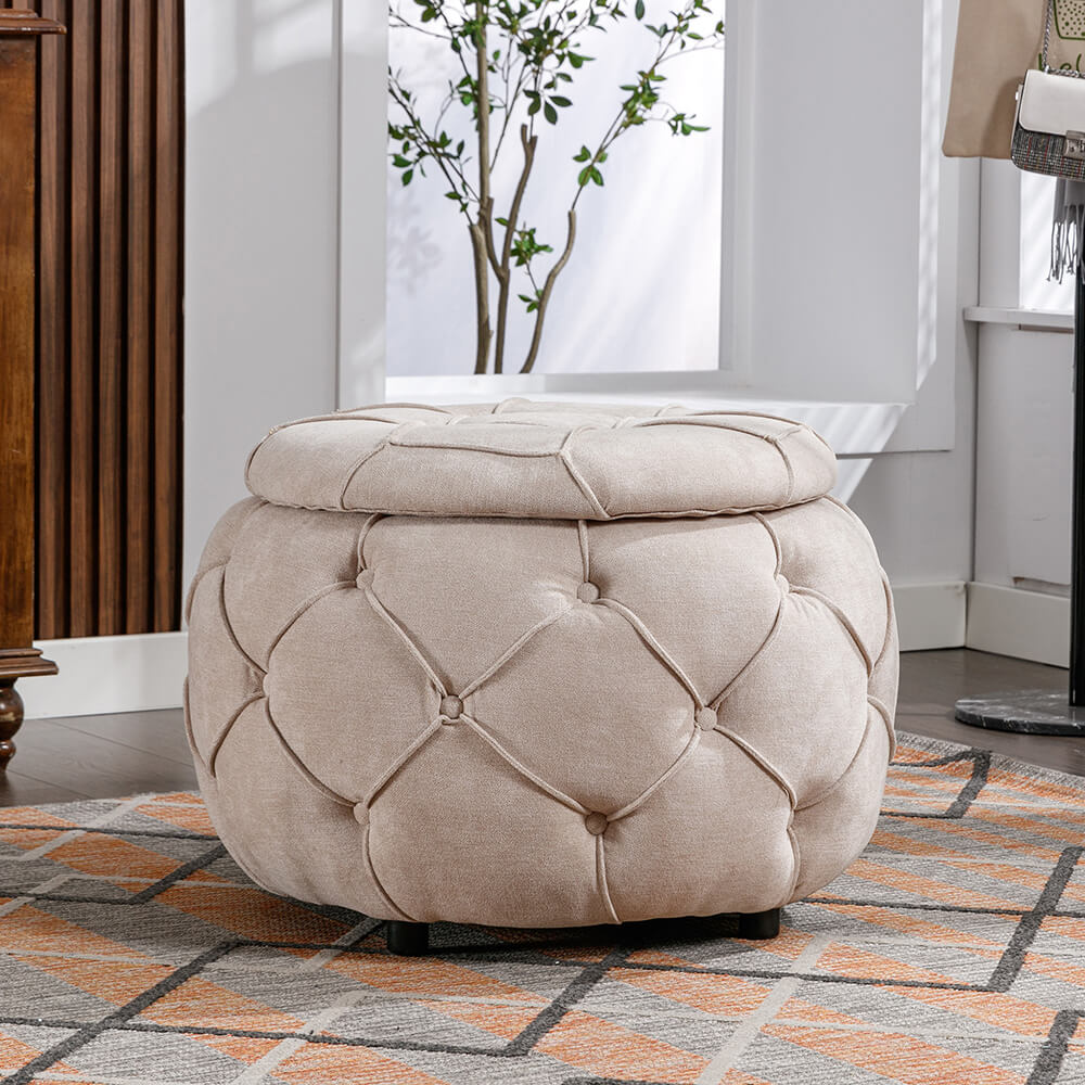 Beige Button Tufted Woven Round Storage Ottoman