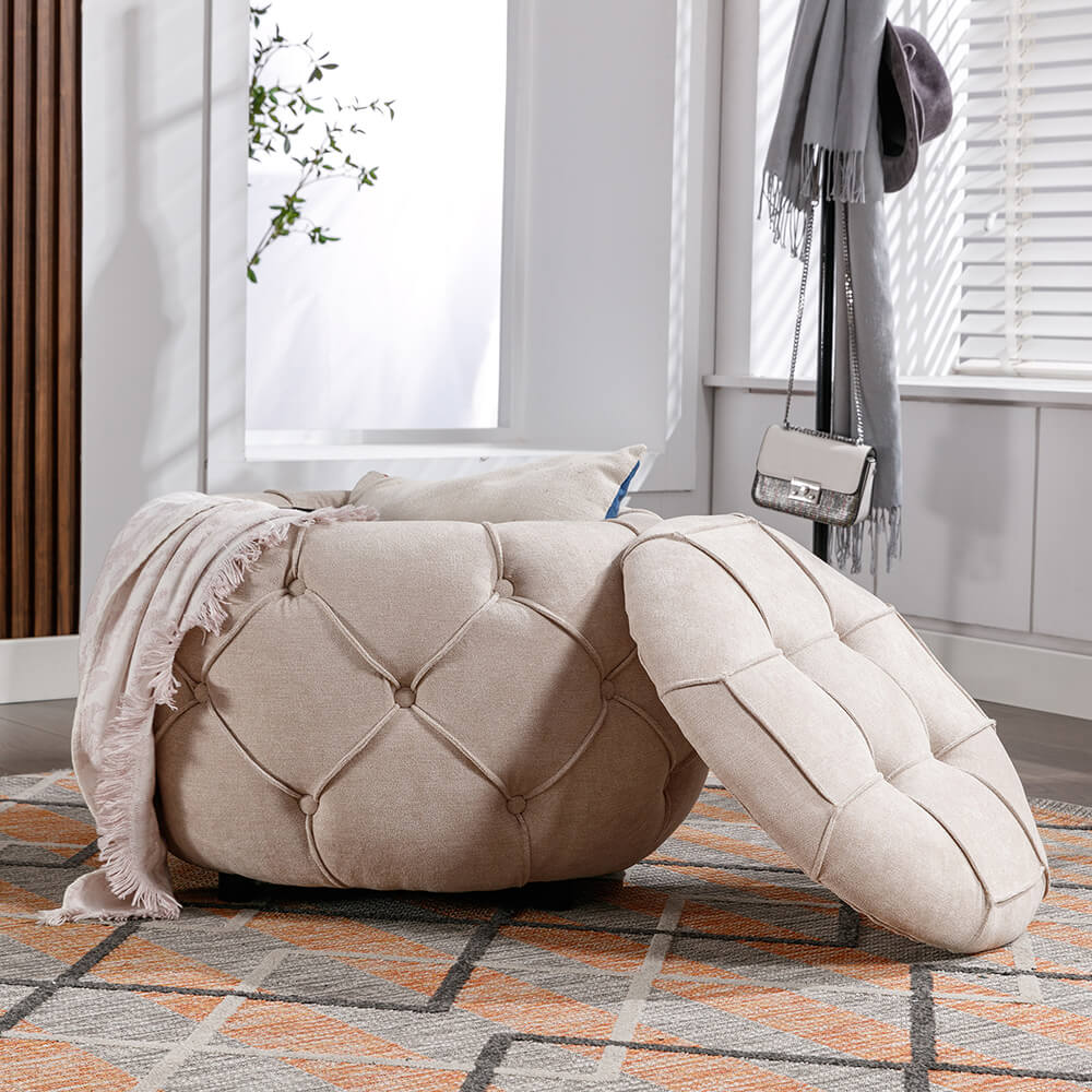 Beige Button Tufted Woven Round Storage Ottoman