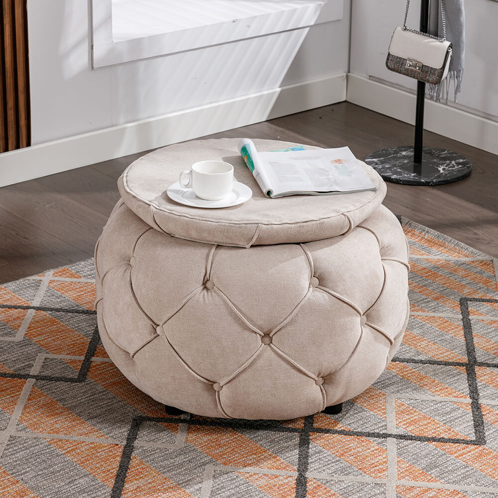 Beige Button Tufted Woven Round Storage Ottoman