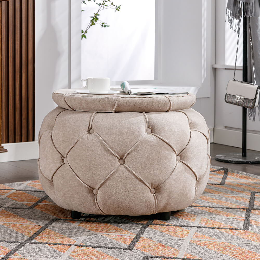 Beige Button Tufted Woven Round Storage Ottoman