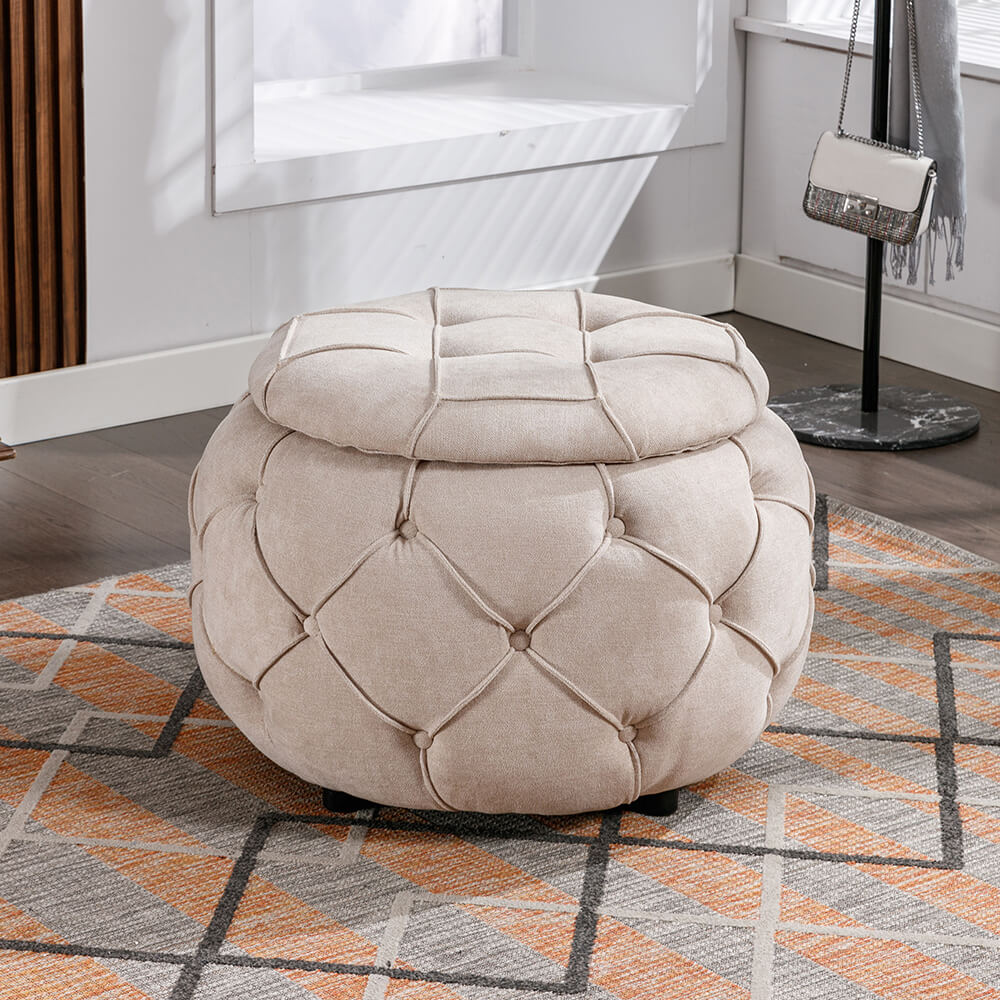 Beige Button Tufted Woven Round Storage Ottoman