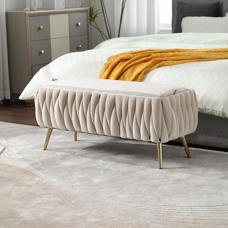 42" Beige Velvet Storage Ottoman Bench with Golden Metal Leg