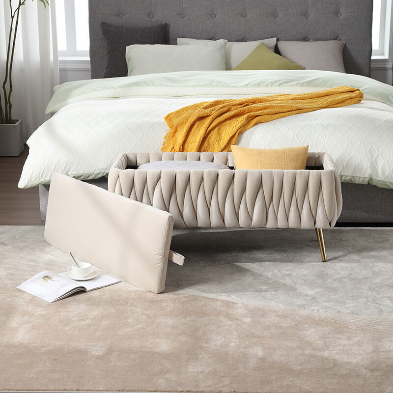 42" Beige Velvet Storage Ottoman Bench 