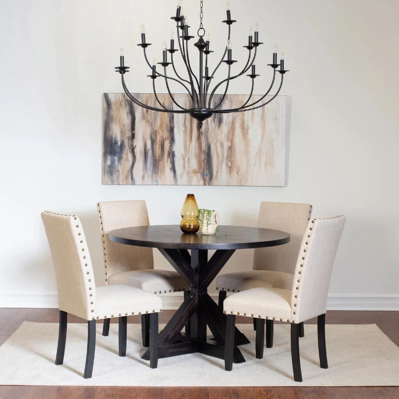 Round Wood Dining Table for 4 in a Modern Dining Room Setting with Minimal Décor