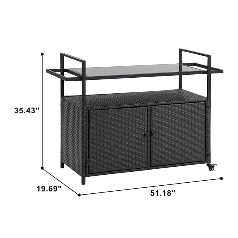 A dimension Image of the Black Steel Rattan Outdoor Wicker Bar Serving Cart with Wheels and Glass Tabletop