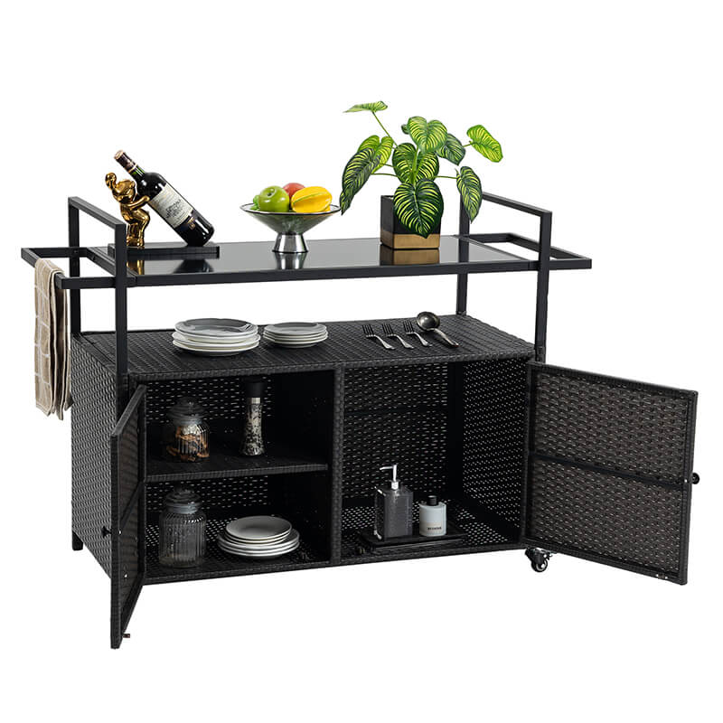 Black Steel Rattan Outdoor Wicker Bar Serving Cart with Wheels and Glass Tabletop