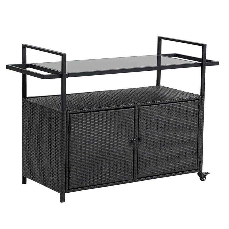 Black Steel Rattan Outdoor Wicker Bar Serving Cart with Wheels and Glass Tabletop