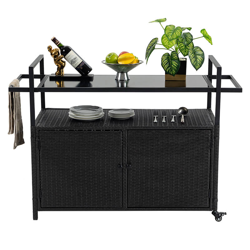 Black Steel Rattan Outdoor Wicker Bar Serving Cart with Wheels and Glass Tabletop