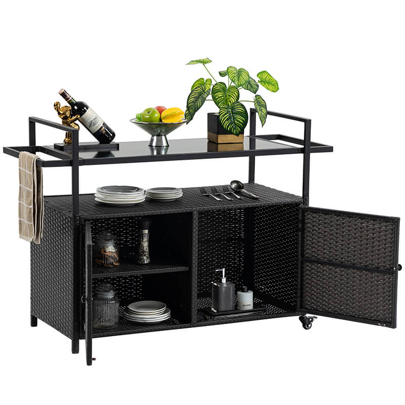 Black Steel Rattan Outdoor Wicker Bar Serving Cart with Wheels and Glass Tabletop