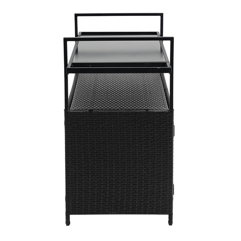 Black Steel Rattan Outdoor Wicker Bar Serving Cart with Wheels and Glass Tabletop