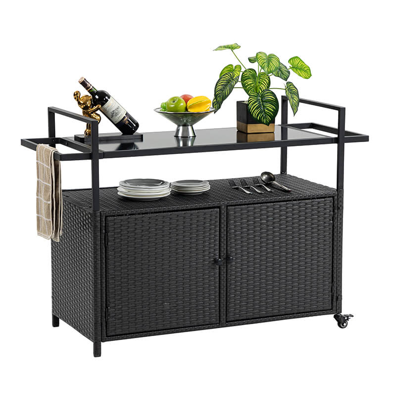 Black Steel Rattan Outdoor Wicker Bar Serving Cart with Wheels and Glass Tabletop