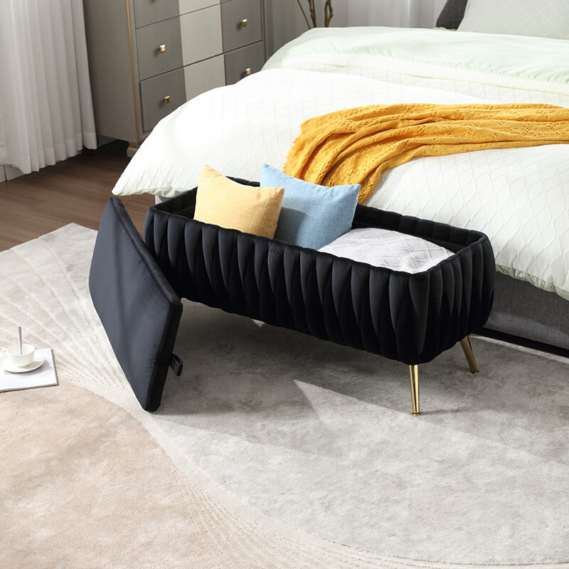 42" Black Velvet Storage Ottoman Bench with Golden Metal Leg