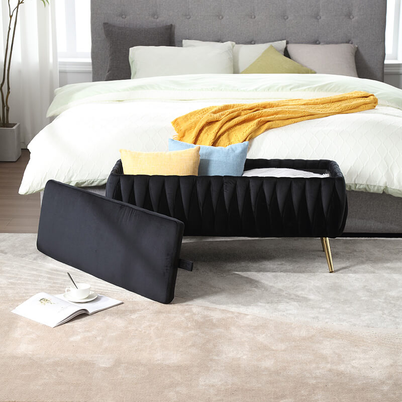 42" Black Velvet Storage Ottoman Bench 