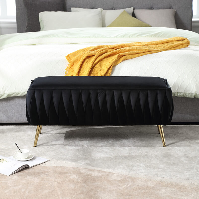 42" Black Velvet Storage Ottoman Bench with Golden Metal Leg