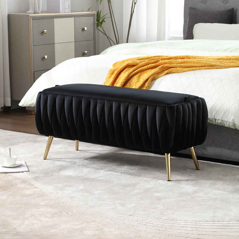 42" Black Velvet Storage Ottoman Bench with Golden Metal Leg