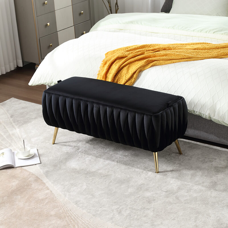 42" Black Velvet Storage Ottoman Bench with Golden Metal Leg