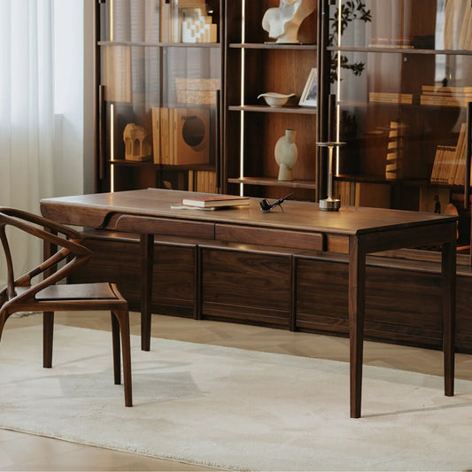 A sleek black walnut wood desk with two drawers, perfect for writing or organizing essentials.